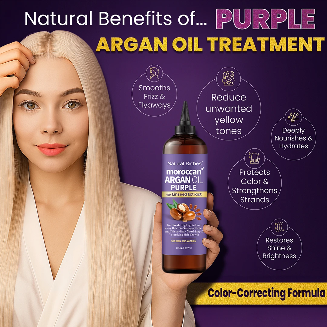 Woman holding a bottle of Moroccan Argan Oil Purple treatment with product benefits on a purple background.