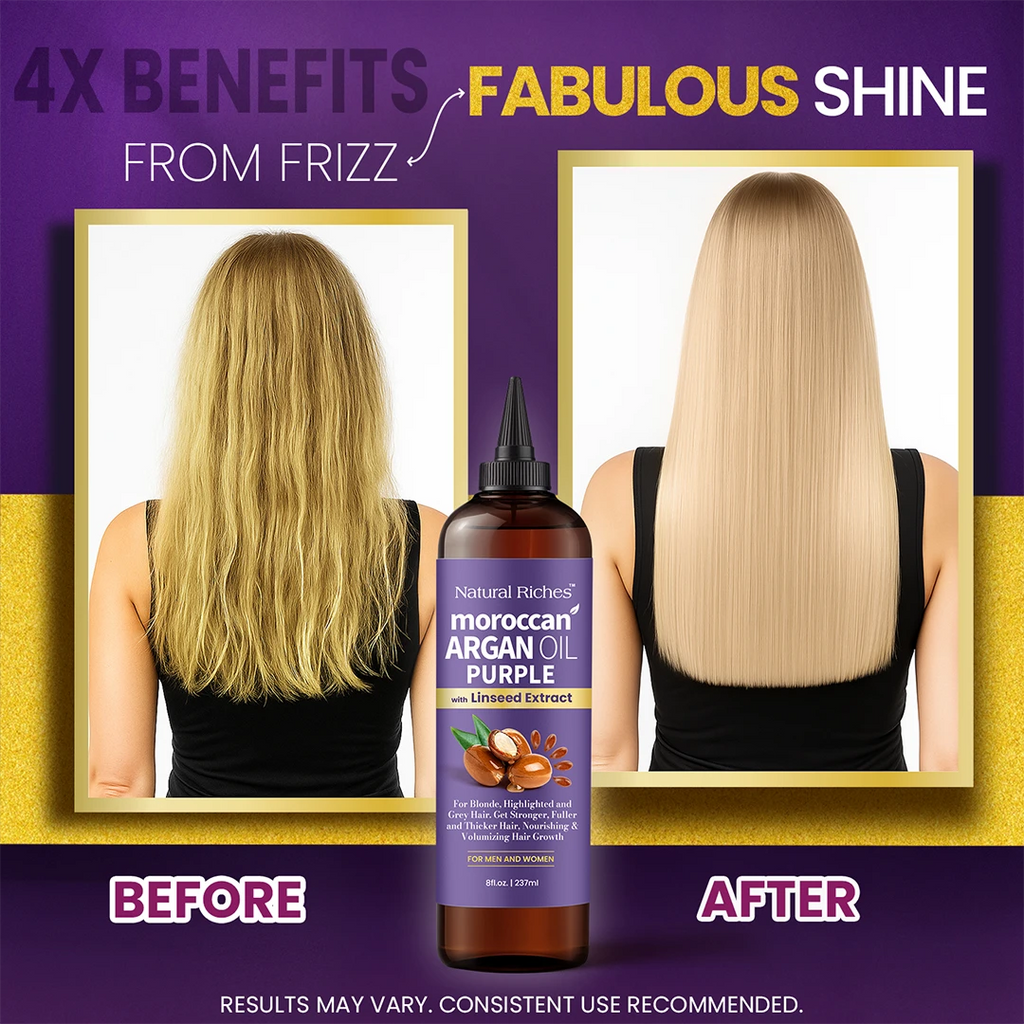 Hair product advertisement showing before and after effects with a bottle of Moroccan Argan Oil Purple.