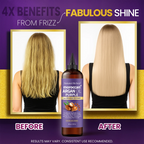 Hair product advertisement showing before and after effects with a bottle of Moroccan Argan Oil Purple.
