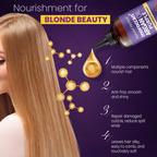 Hair oil product with a woman's hair and benefits listed on a purple background