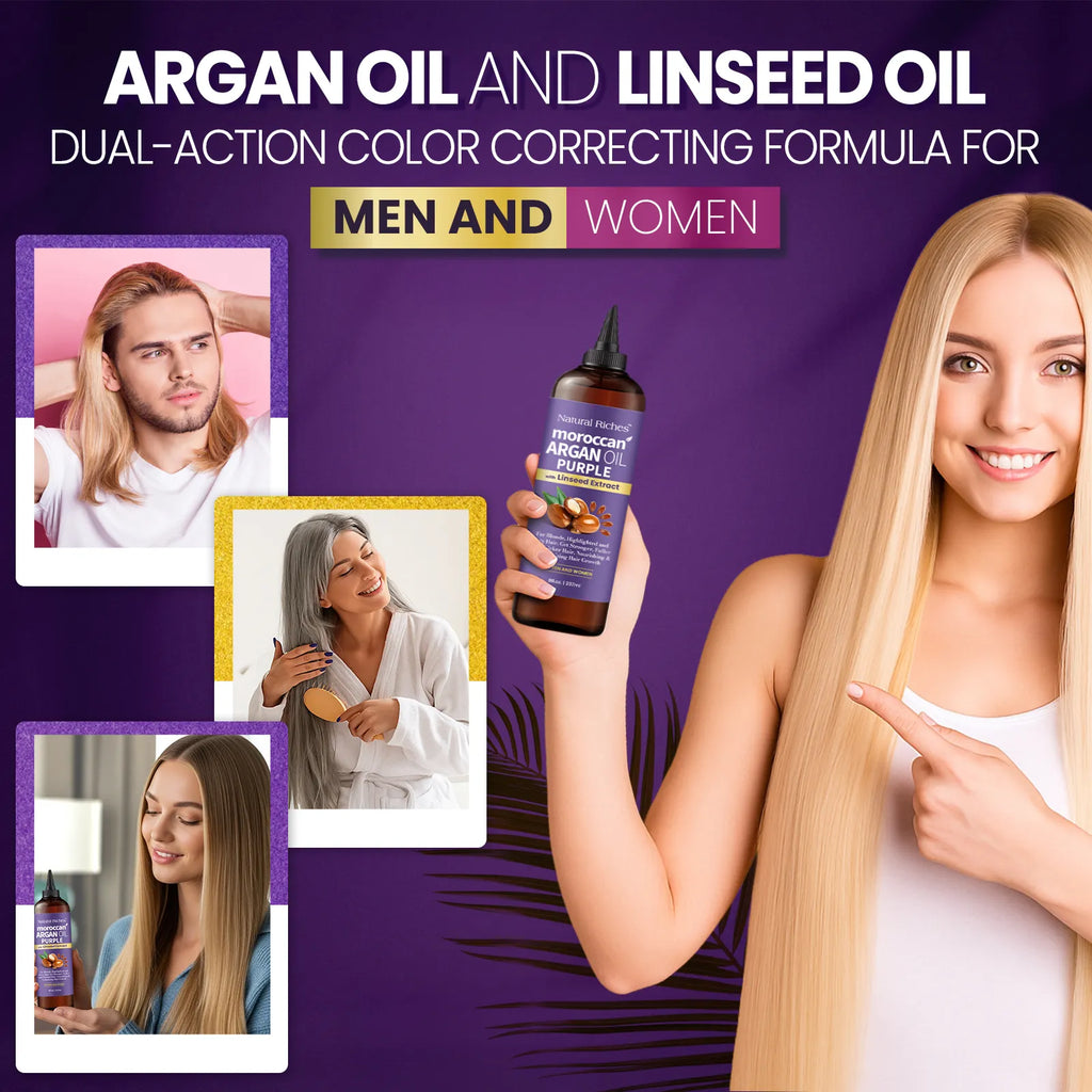 Advertisement for a hair care product with a woman holding a bottle and pointing to it, set against a purple background.
