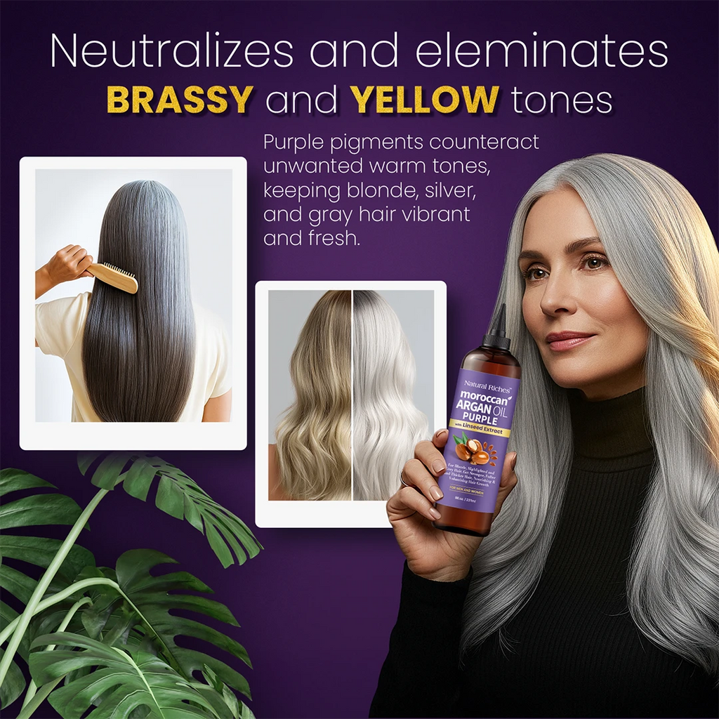 Woman with gray hair holding a bottle of purple hair product against a purple background.