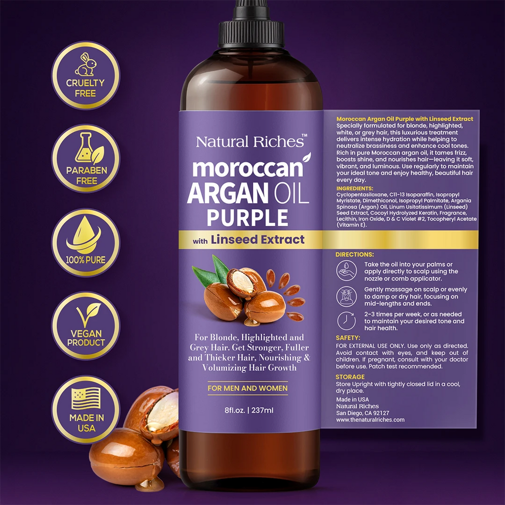 Bottle of Natural Riches Moroccan Argan Oil Purple with Linseed Extract on a purple background