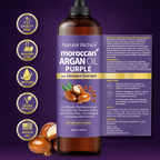 Bottle of Natural Riches Moroccan Argan Oil Purple with Linseed Extract on a purple background