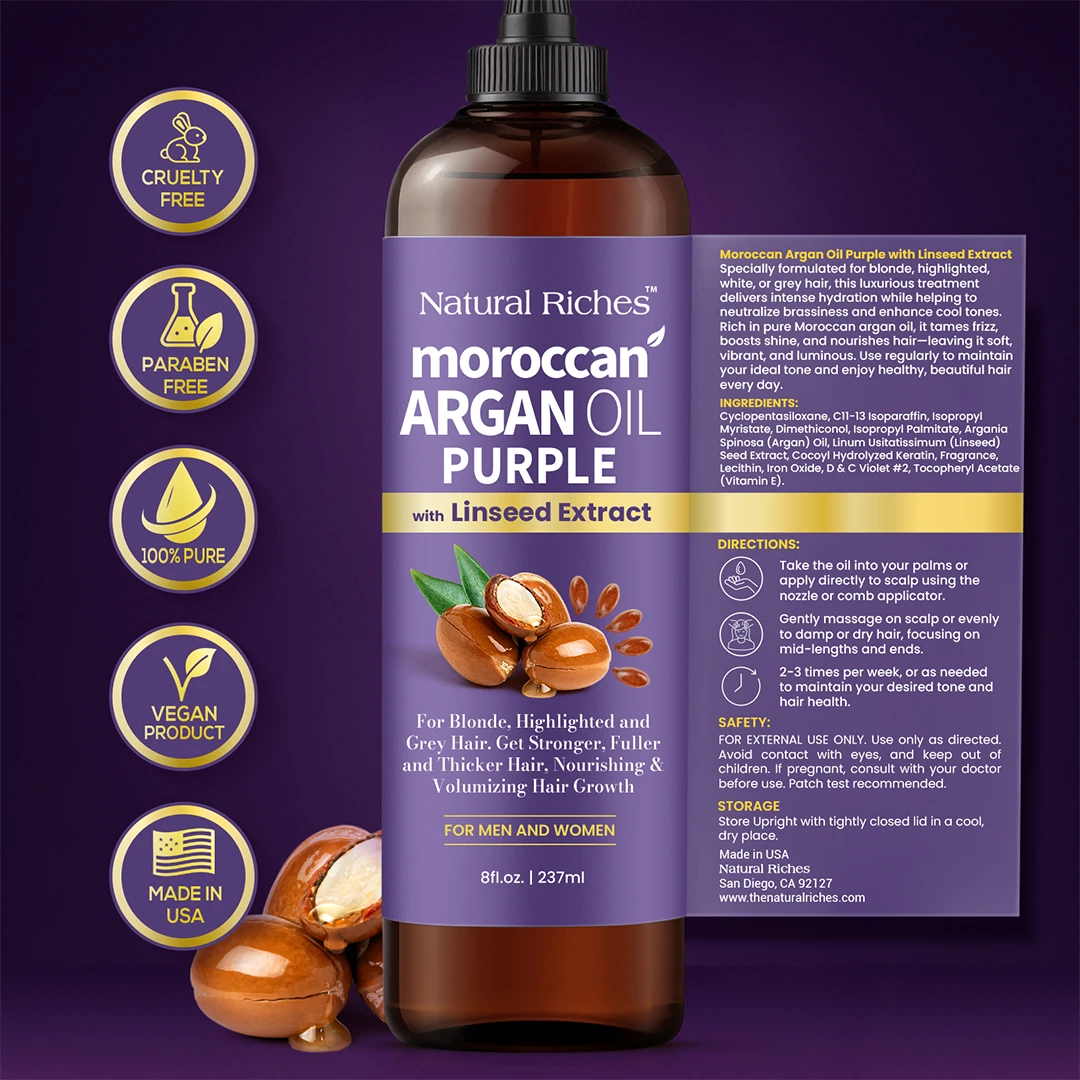 Bottle of Natural Riches Moroccan Argan Oil Purple with Linseed Extract on a purple background