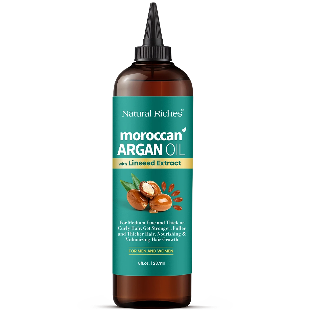 Bottle of Natural Riches Moroccan Argan Oil with Linseed Extract on a white background
