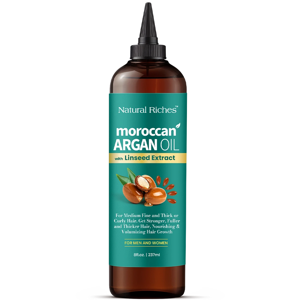 Bottle of Natural Riches Moroccan Argan Oil with Linseed Extract on a white background