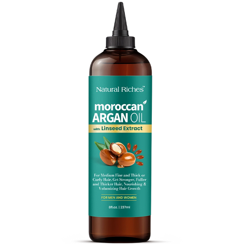 Bottle of Natural Riches Moroccan Argan Oil Hair Treatment on a white background