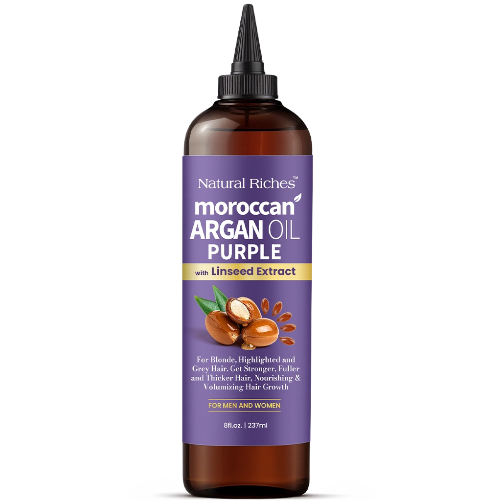 Bottle of Natural Riches Moroccan Argan Oil Purple with Linseed Extract on a white background