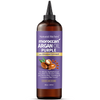 Bottle of Natural Riches Moroccan Argan Oil Purple with Linseed Extract on a white background