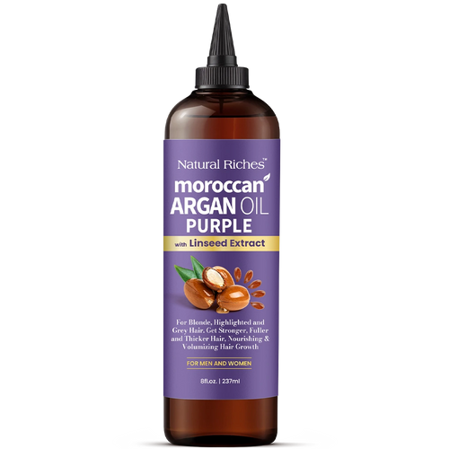 Bottle of Natural Riches Moroccan Argan Oil Hair Treatment Purple with Linseed Extract on a white background