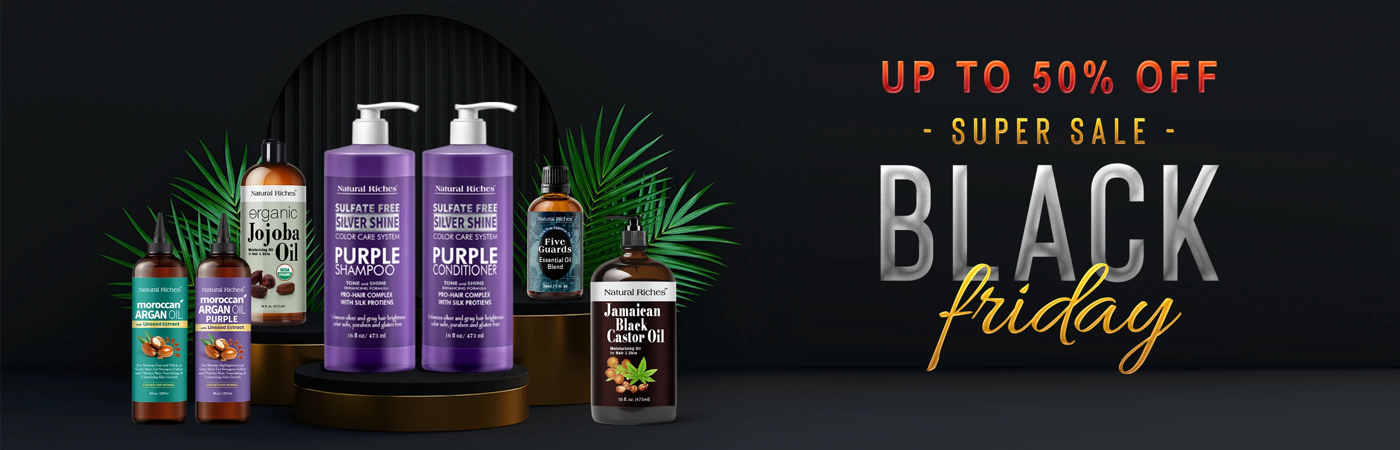 Black Friday sale banner with purple bottles and skincare products on a dark background