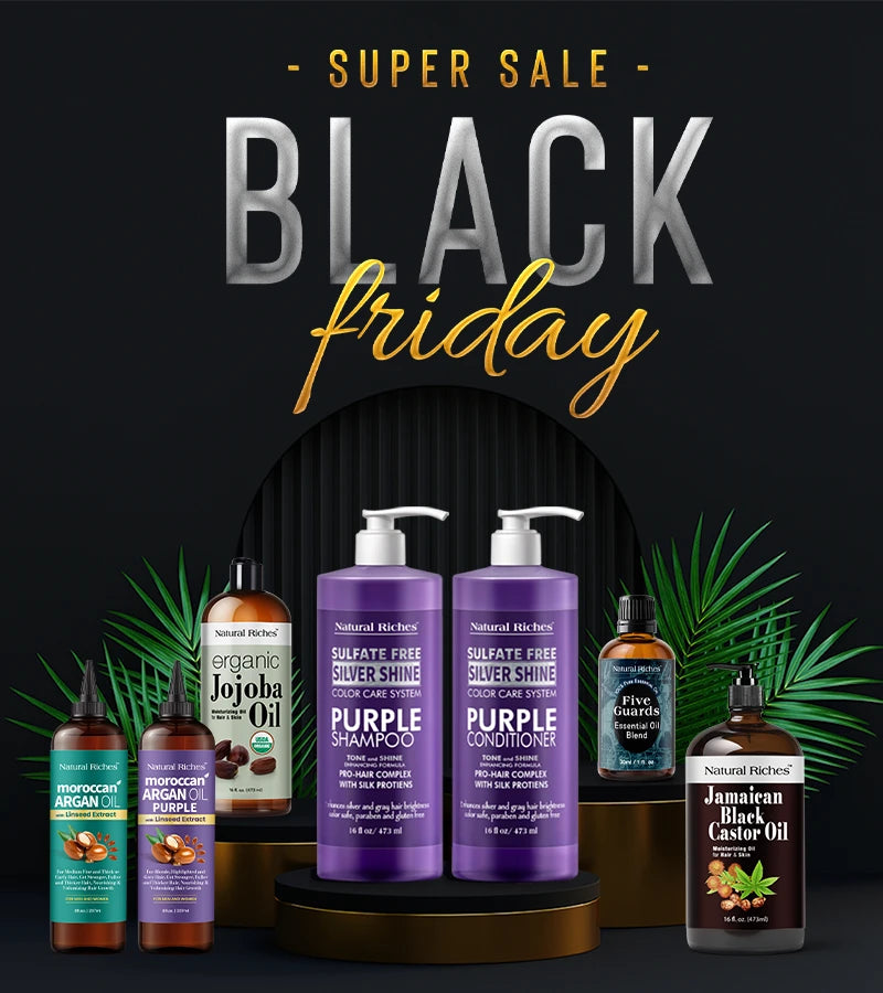 Black Friday sale advertisement with hair care products on a black background