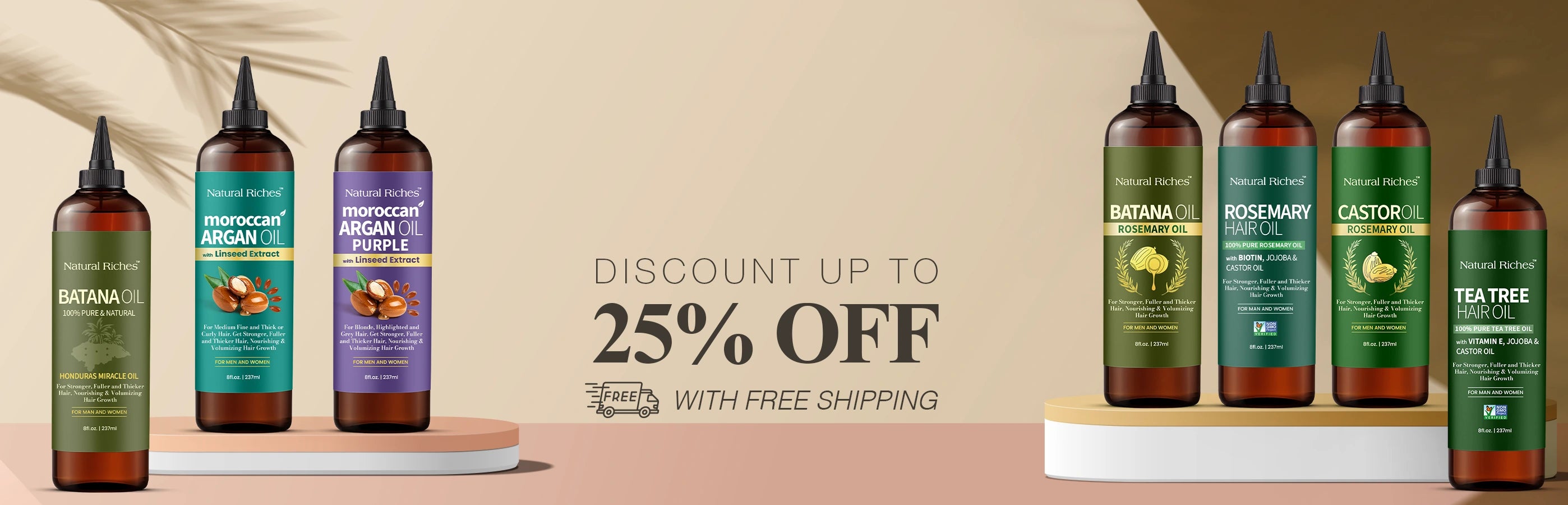 Collection of Natural Riches Hair Oil bottle on a beige background