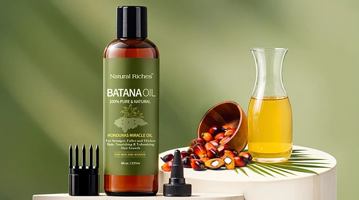 Natural Riches Batana Oil in green background