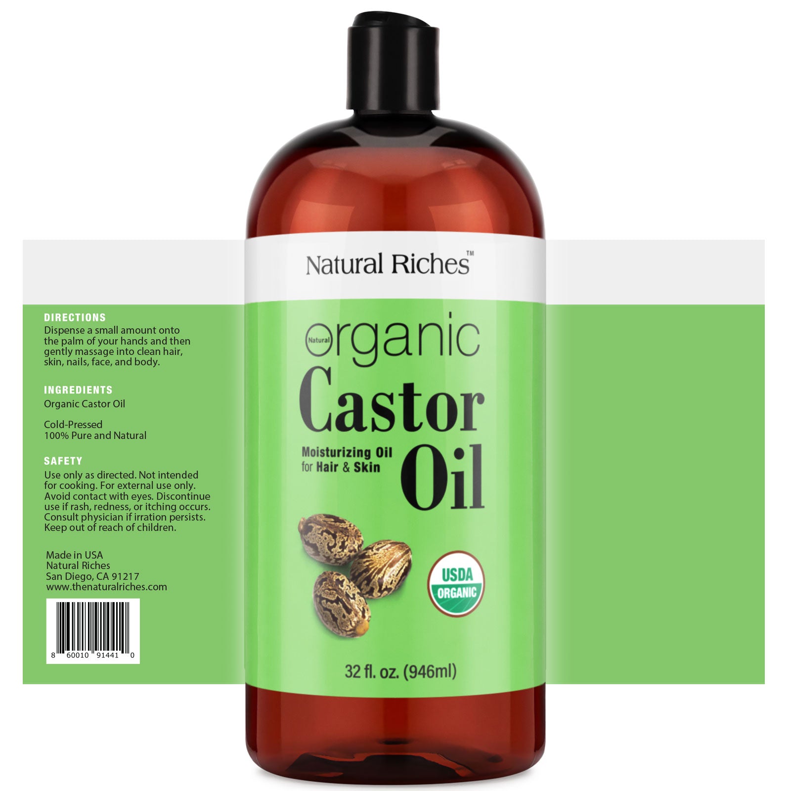 Natural Riches Organic Castor Oil Cold pressed  USDA certified  32 fl. oz.