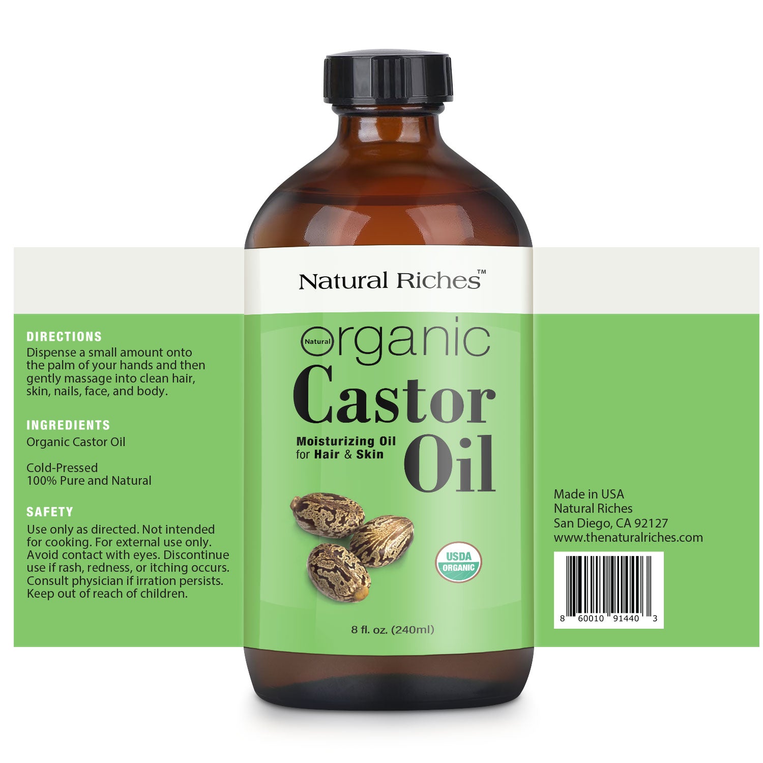 Natural Riches Organic Castor Oil Cold pressed  Glass Bottle USDA certified  8 fl. oz.