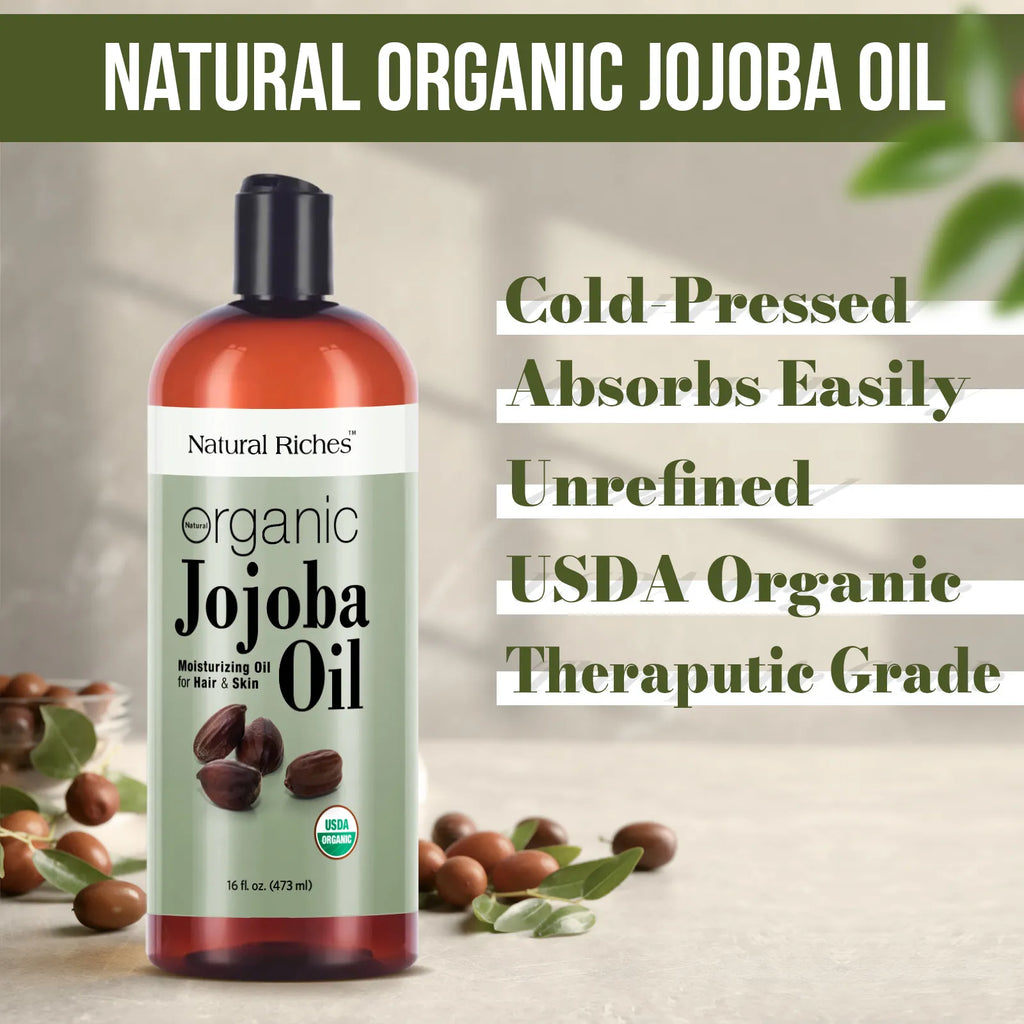 Natural Riches Organic Jojoba Oil, Pure Moisturizing Oil for Face, Hair, Skin &amp; Nails Cold Pressed Hexane Free