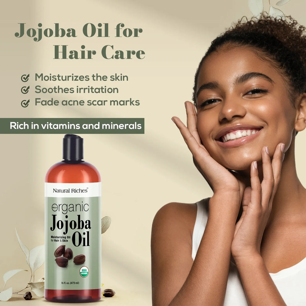 Natural Riches Organic Jojoba Oil, Pure Moisturizing Oil for Face, Hair, Skin &amp; Nails Cold Pressed Hexane Free