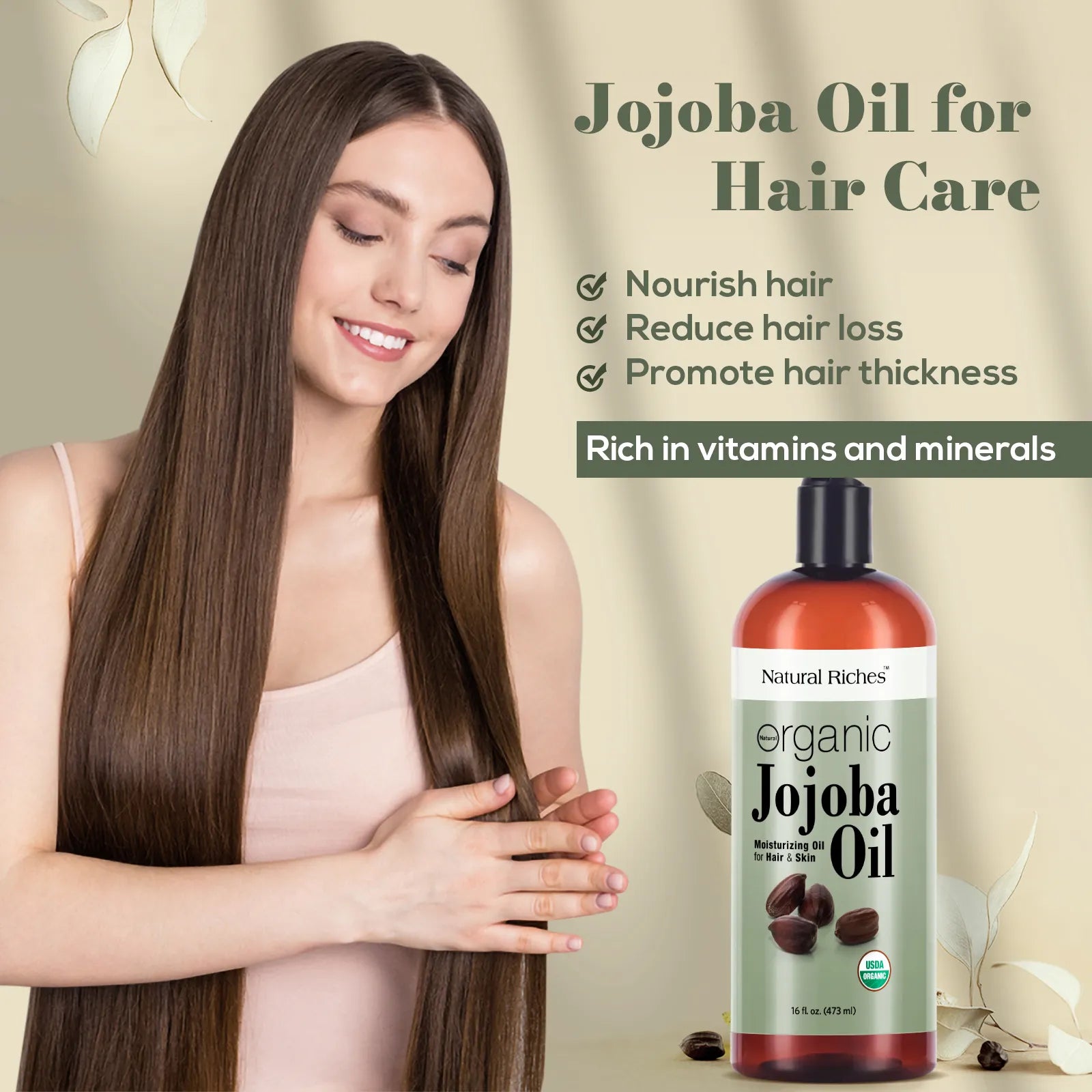 Natural Riches Organic Jojoba Oil, Pure Moisturizing Oil for Face, Hair, Skin &amp; Nails Cold Pressed Hexane Free