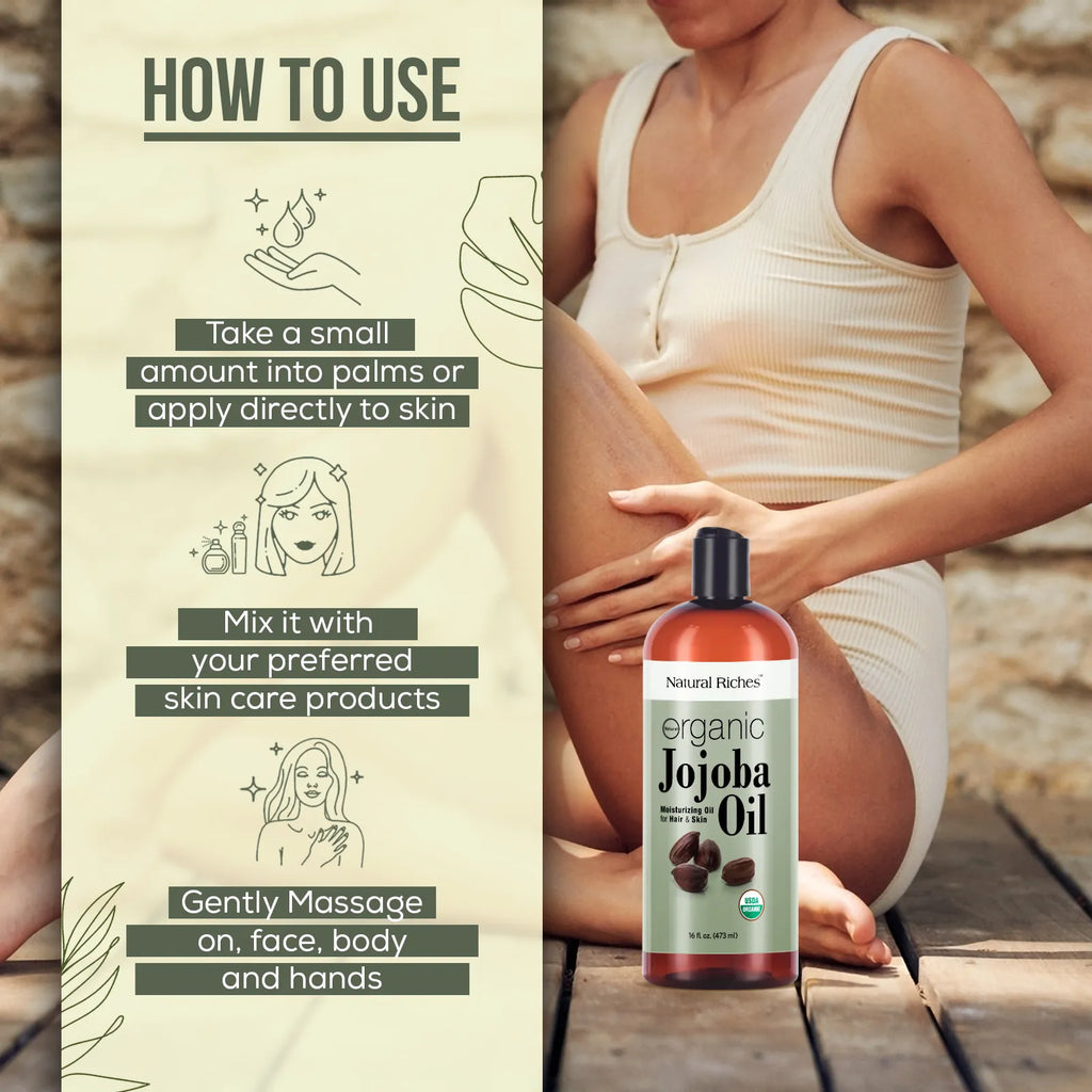 Natural Riches Organic Jojoba Oil, Pure Moisturizing Oil for Face, Hair, Skin &amp; Nails Cold Pressed Hexane Free