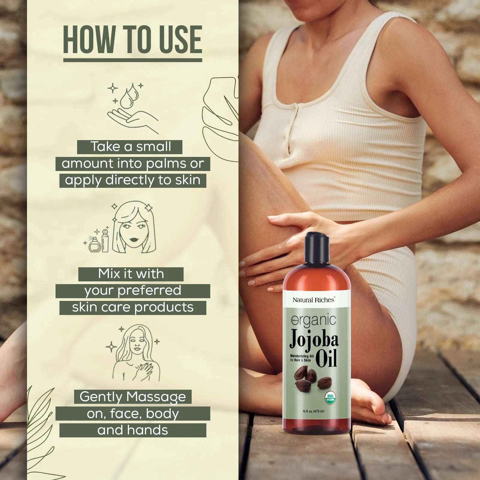 Natural Riches Organic Jojoba Oil, Pure Moisturizing Oil for Face, Hair, Skin &amp; Nails Cold Pressed Hexane Free