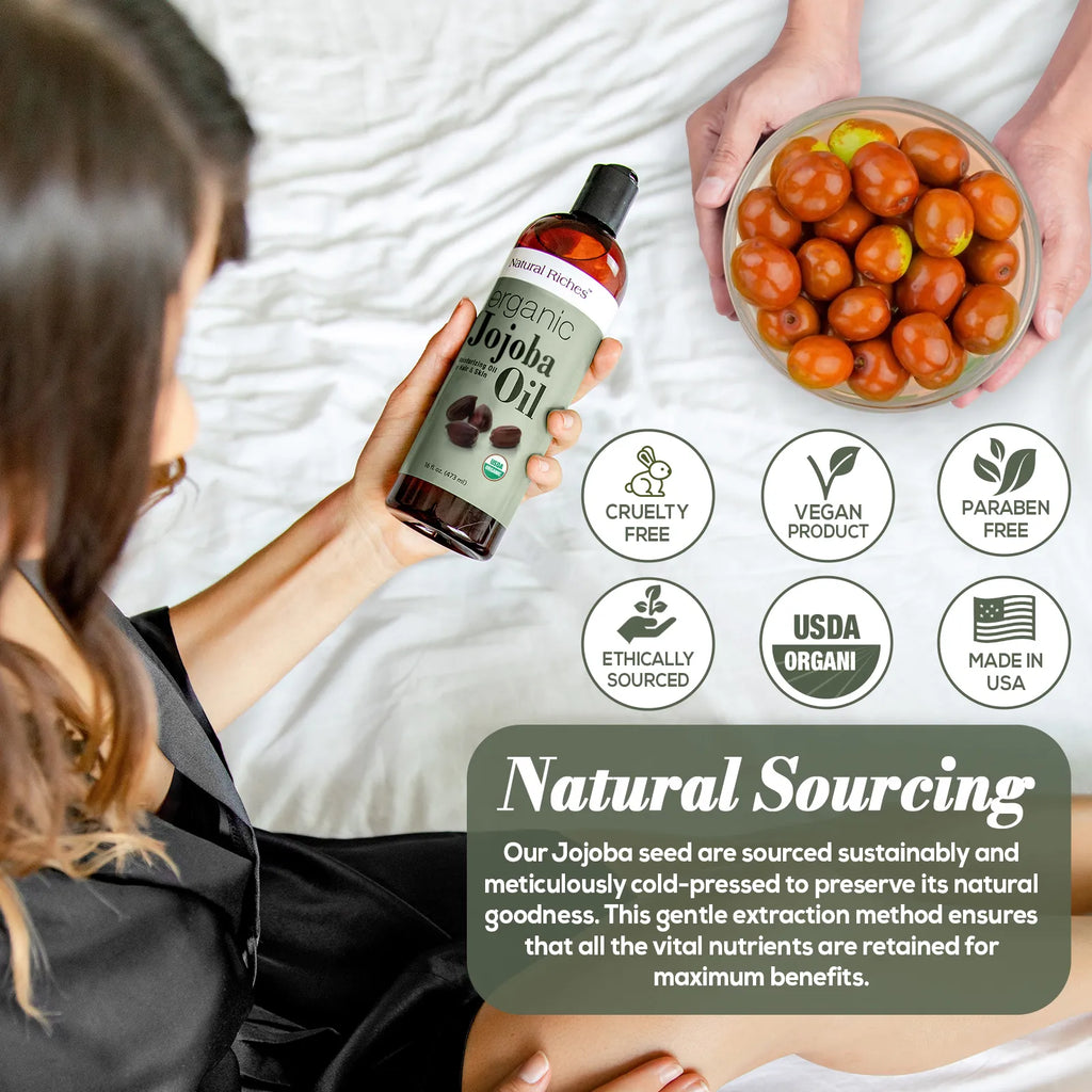 Natural Riches Organic Jojoba Oil, Pure Moisturizing Oil for Face, Hair, Skin &amp; Nails Cold Pressed Hexane Free