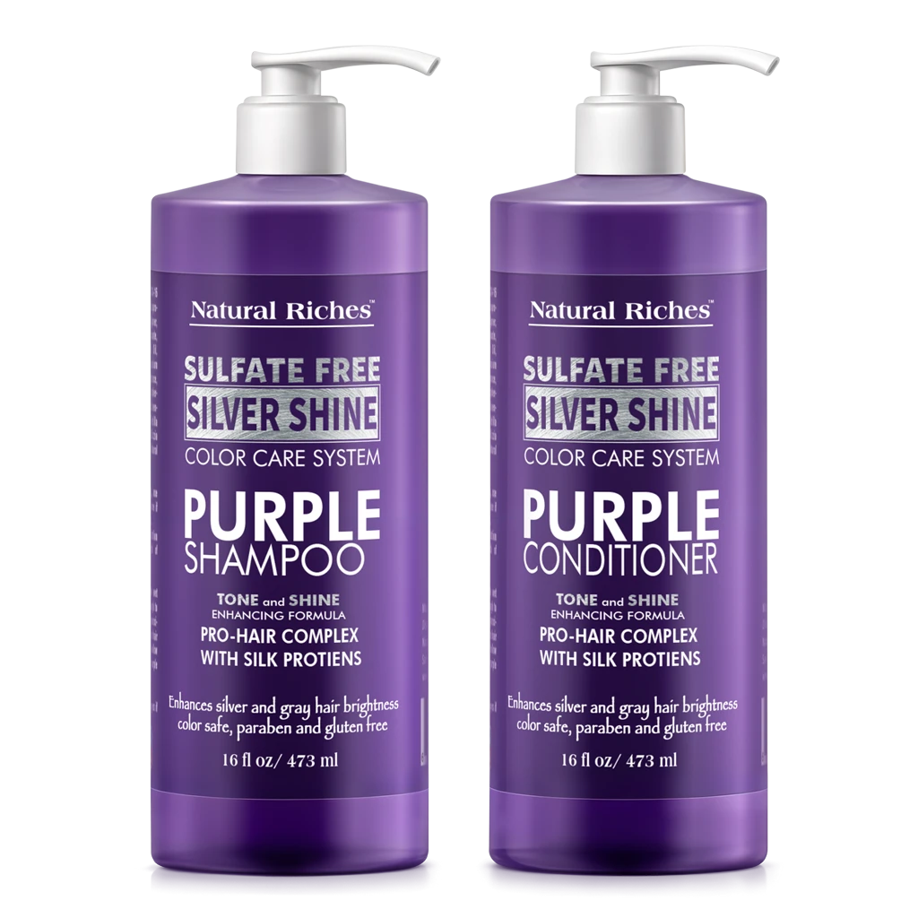 Two bottles of Natural Riches Silver Shine Purple Shampoo and Conditioner on a white background