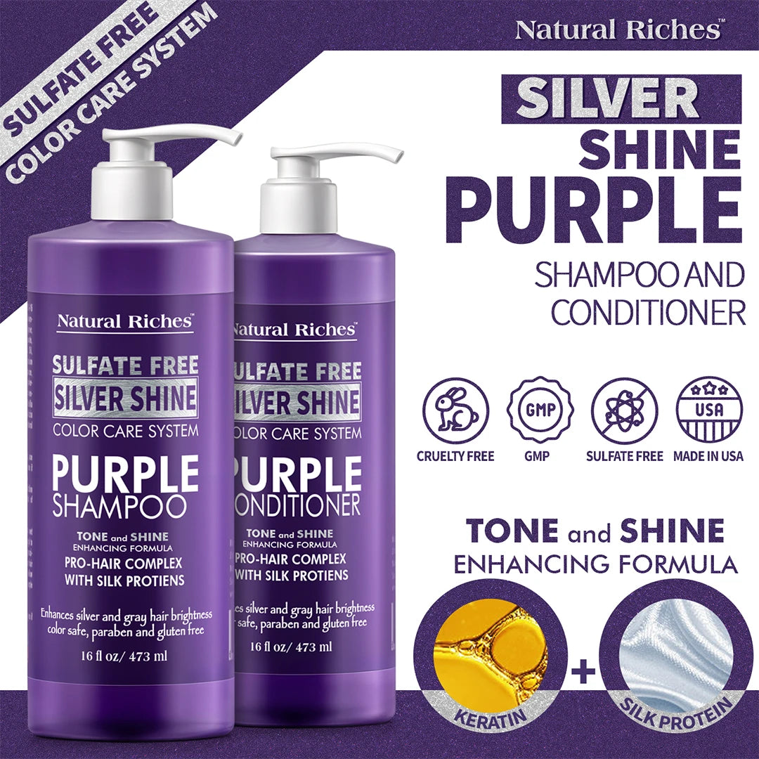 Silver Shine Purple shampoo and conditioner bottles with 'Natural Riches' branding on a purple background.