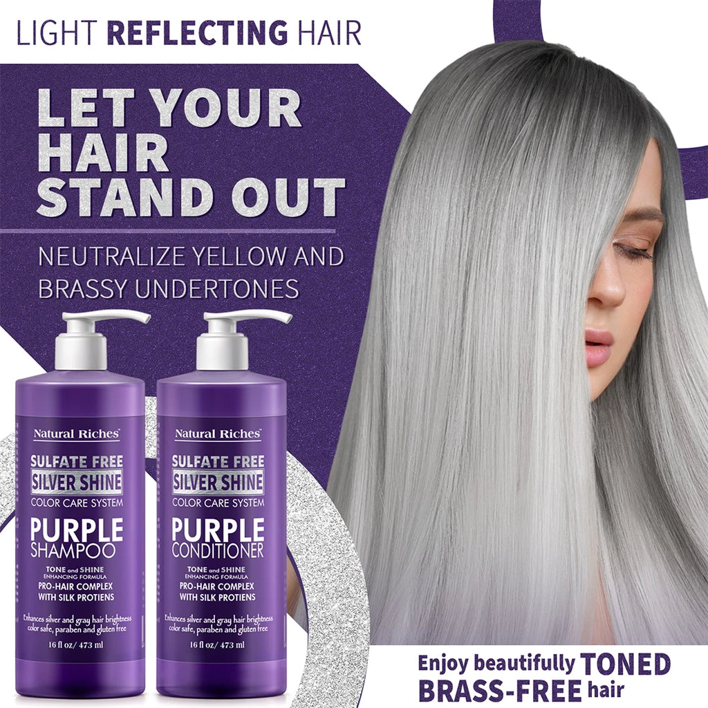 Silver Shine Purple shampoo and conditioner bottles with a woman with gray hair on a purple background, promoting a hair care system.