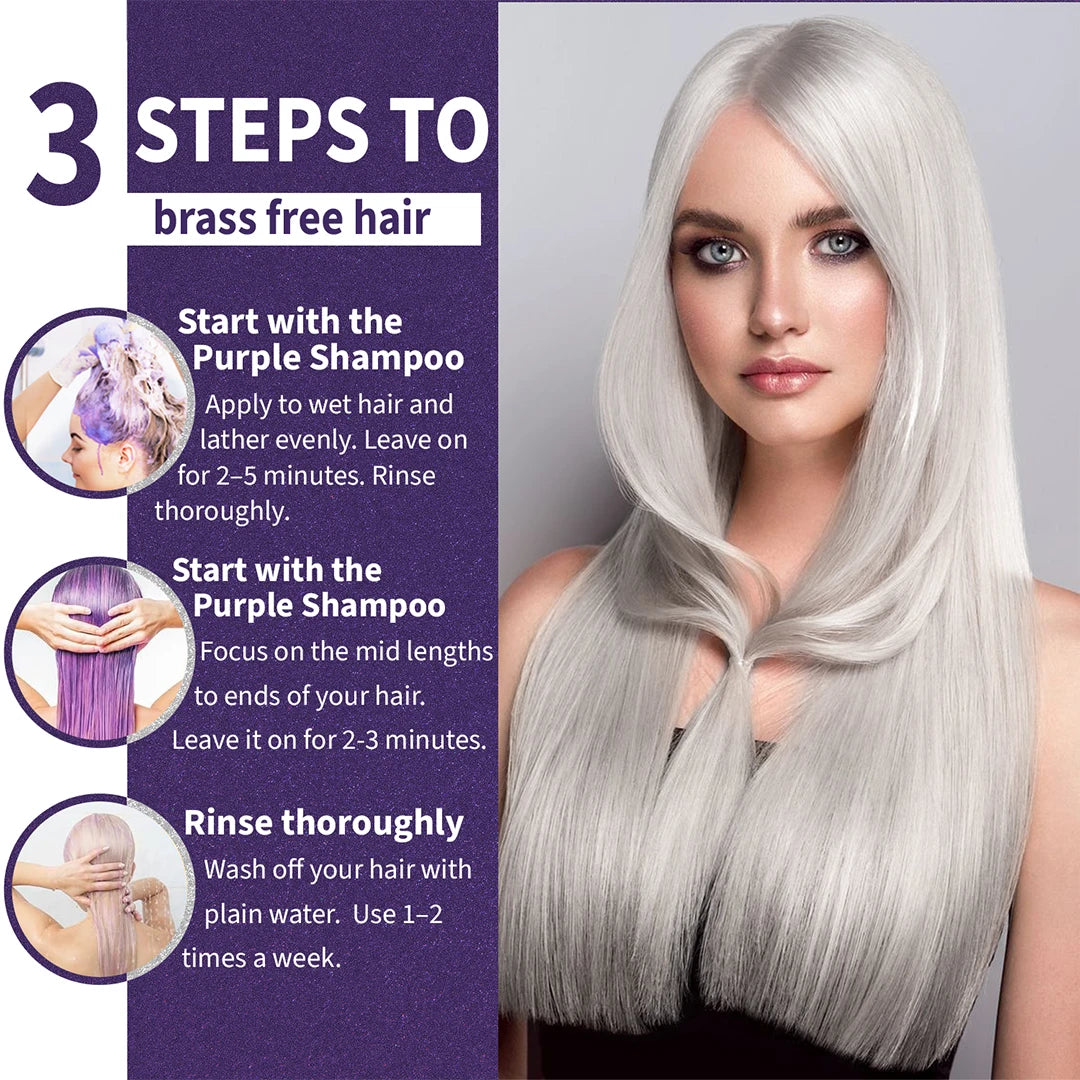 Hair care product advertisement with a woman with silver hair and instructions on a purple background
