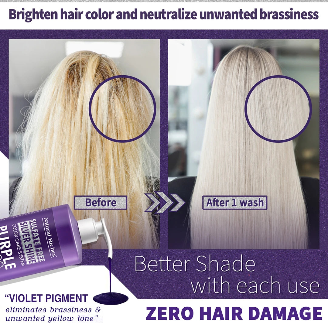 Advertisement for hair color product showing before and after effects on blonde hair.