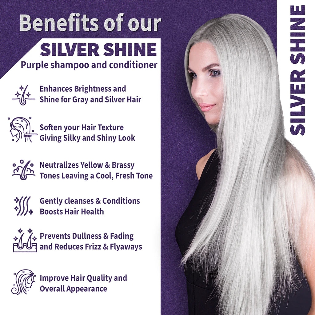 Advertisement for Silver Shine purple shampoo and conditioner with a woman displaying silver hair on a purple background.