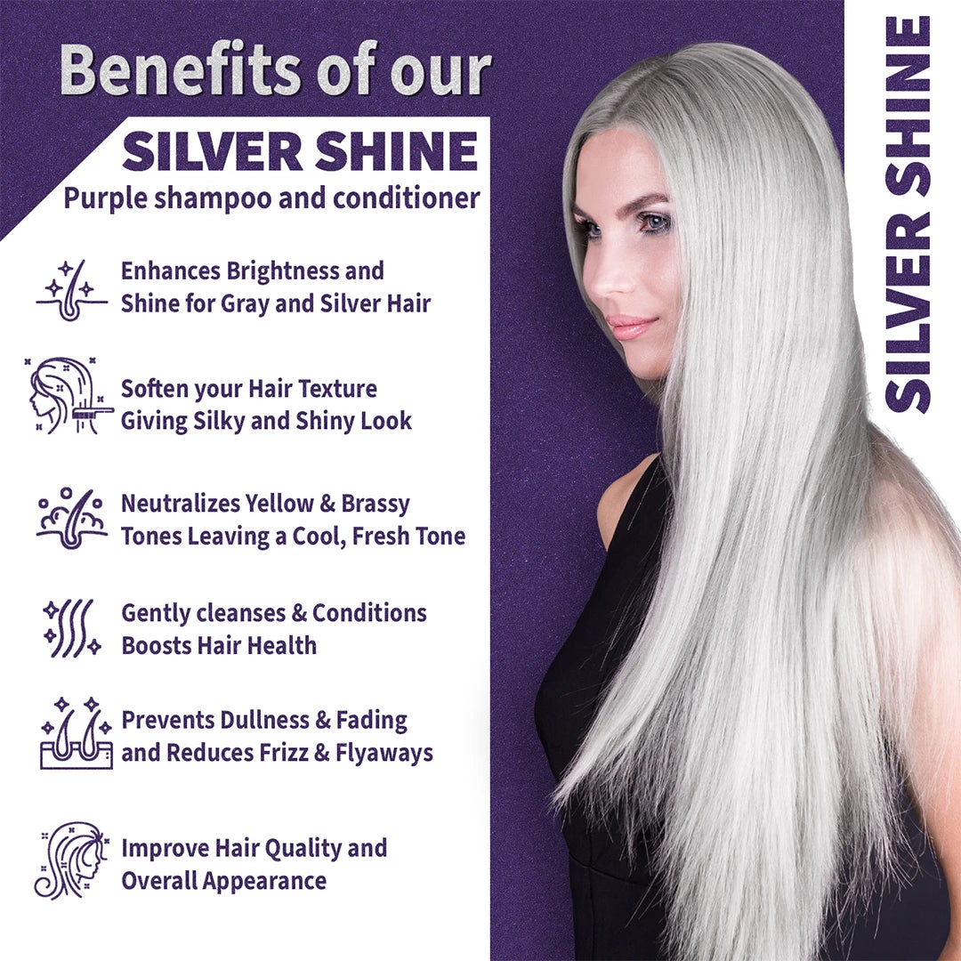 Advertisement for Silver Shine purple shampoo and conditioner with a woman displaying silver hair on a purple background.