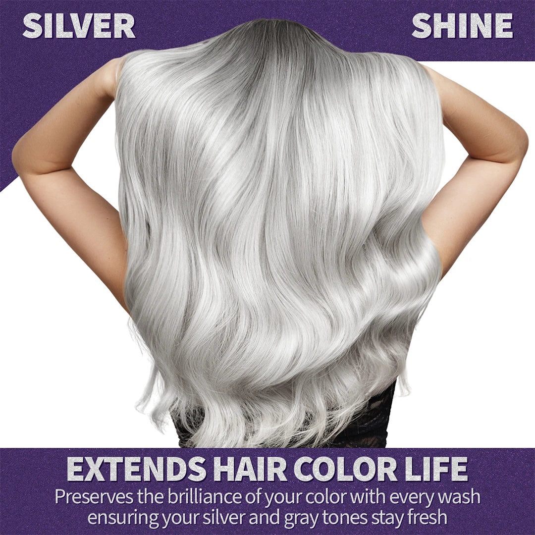 Person with silver hair on a white and purple background, promoting hair color care.