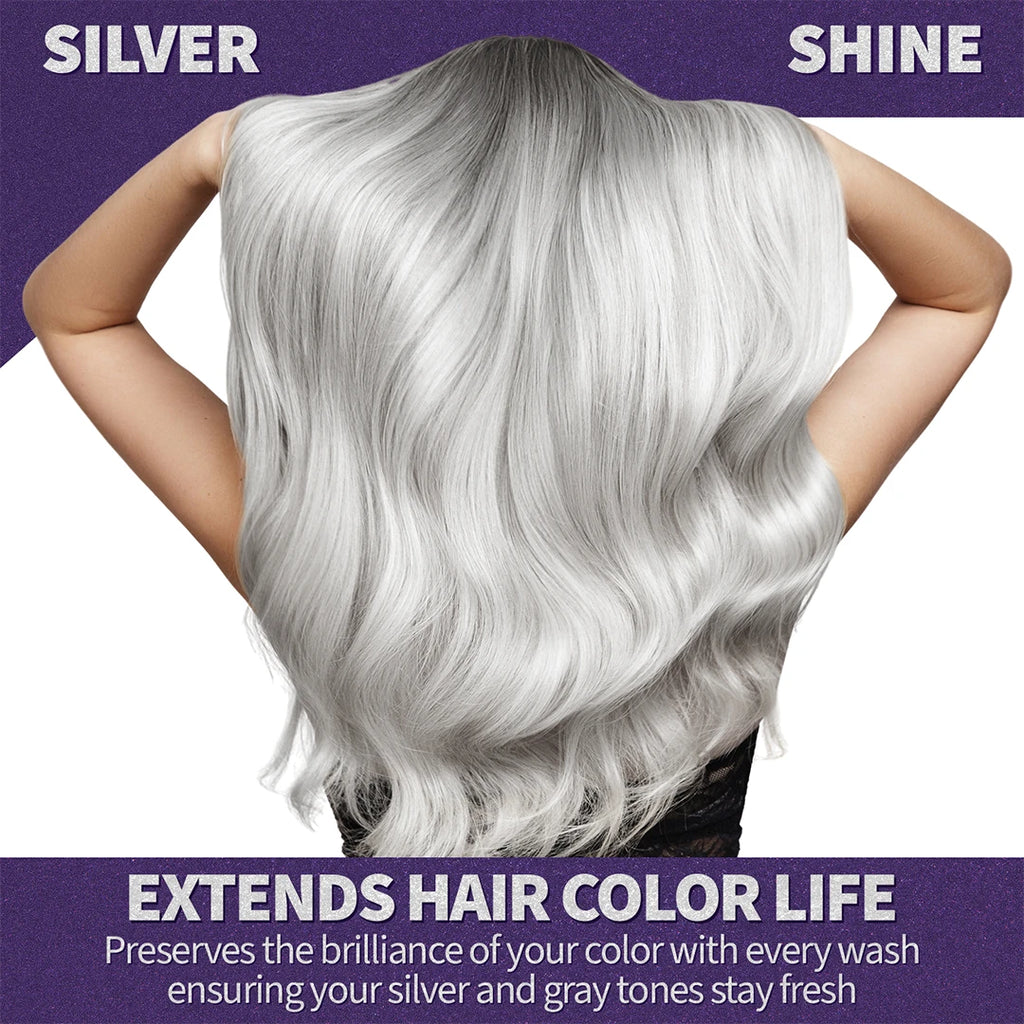 Person with silver hair on a white and purple background, promoting hair color care.
