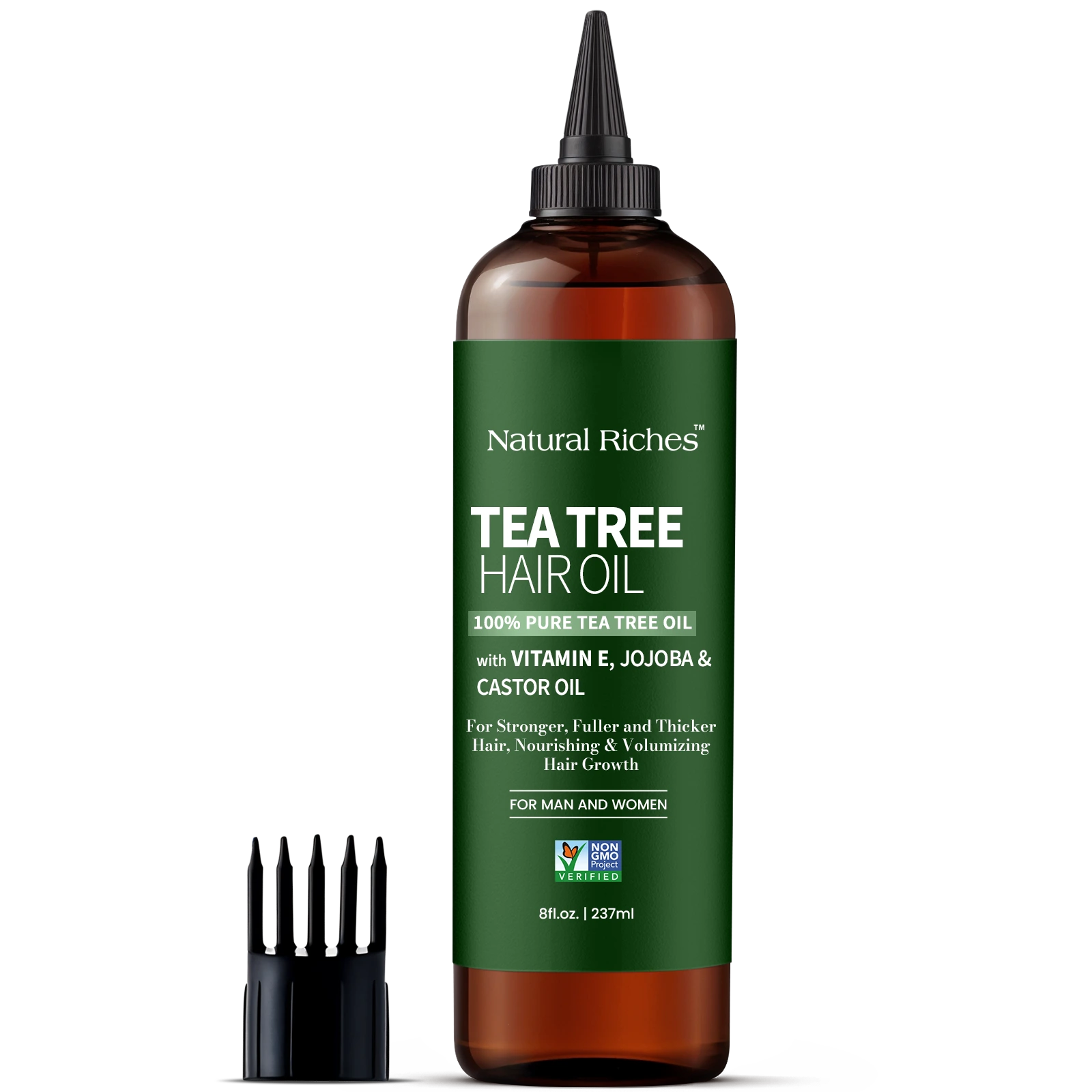 Tea tree hair oil bottle with green label and brown glass container on a white background