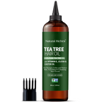Tea tree hair oil bottle with green label and brown glass container on a white background
