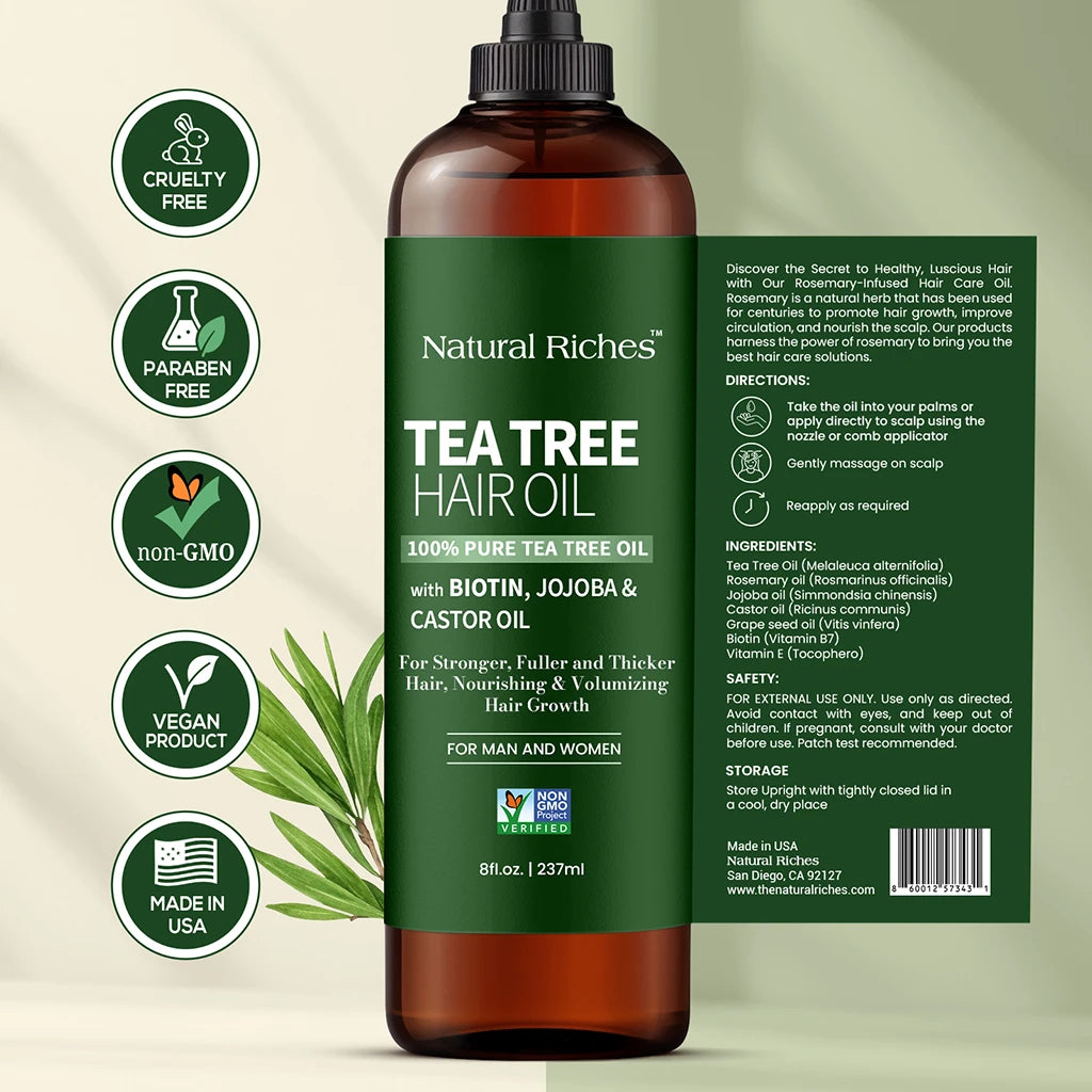 Bottle of Natural Riches Tea Tree Hair Oil with green label and brown bottle on a beige background