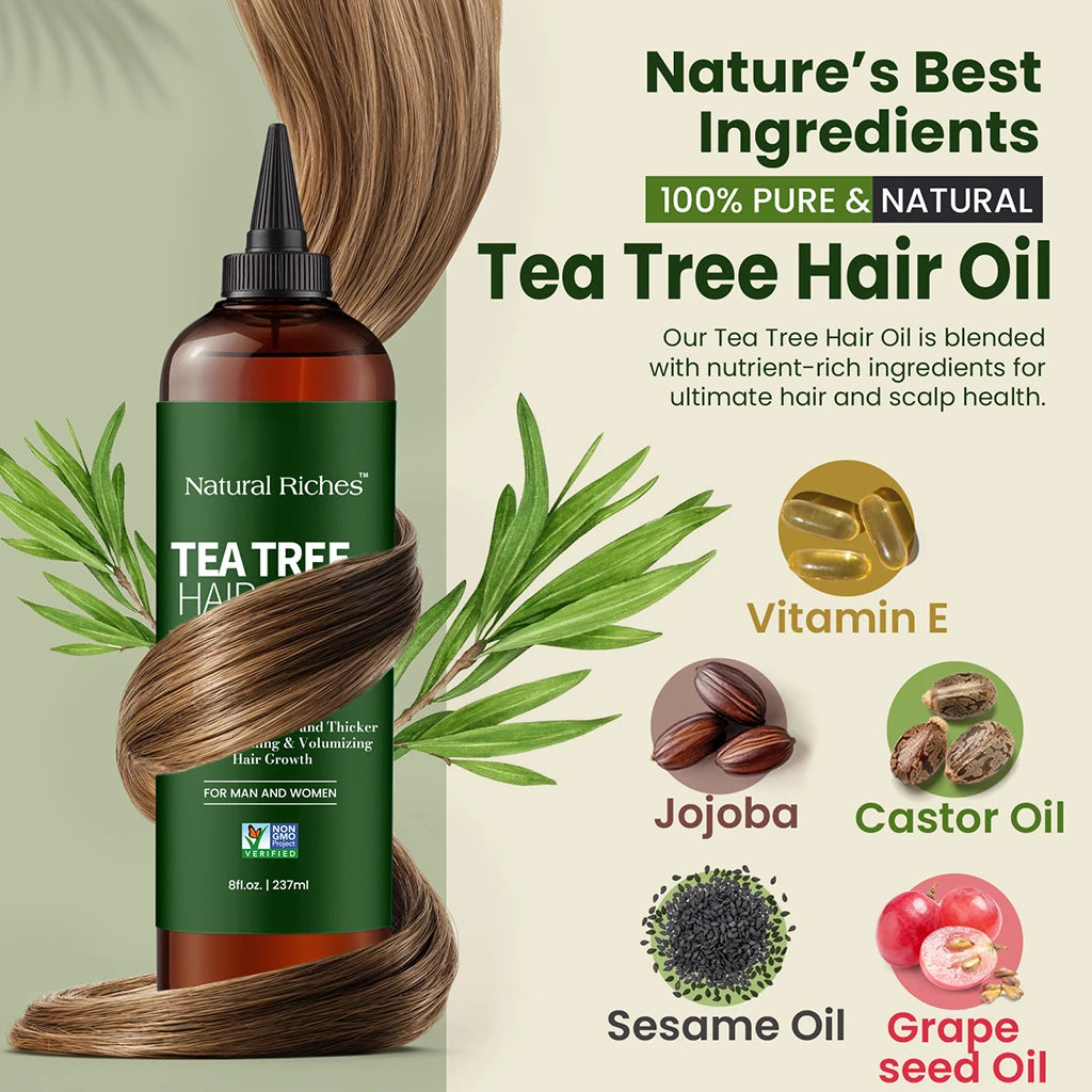 Tea Tree Hair Oil bottle with hair and nature-themed design on a light green background