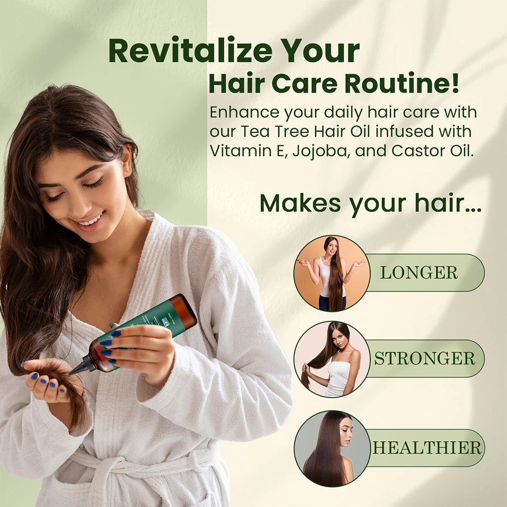 Woman applying hair oil with text promoting hair care routine and benefits