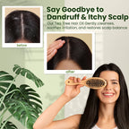 Tea tree hair oil advertisement showing before and after effects on scalp with a woman using a hairbrush.