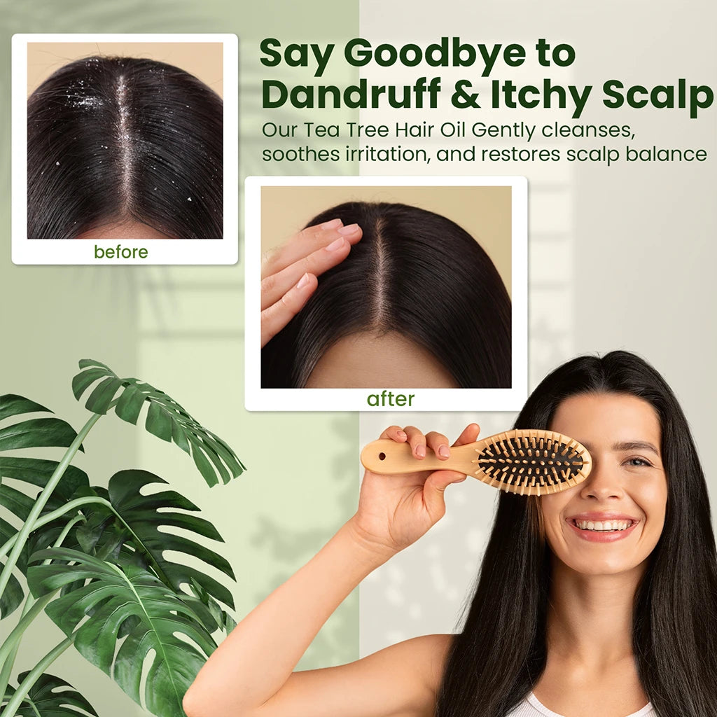 Tea tree hair oil advertisement showing before and after effects on scalp with a woman using a hairbrush.