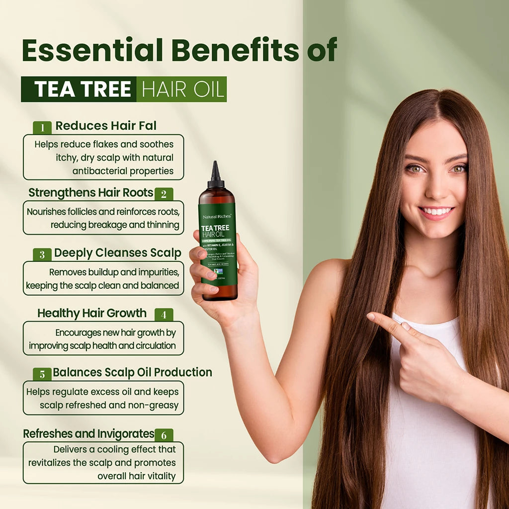 Tea tree hair oil with benefits listed and a woman holding the bottle.