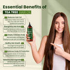 Tea tree hair oil with benefits listed and a woman holding the bottle.