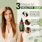 Woman holding a bottle of hair care product with instructions on how to use it for healthy hair.