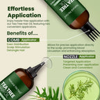 Tea Tree Hair Oil with comb and nozzle applicators on a green background