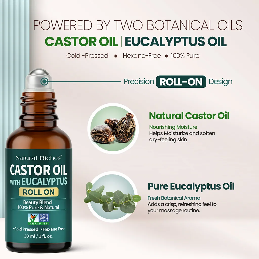 Natural Riches castor oil with eucalyptus roll-on beside castor bean and eucalyptus leaf ingredient images.