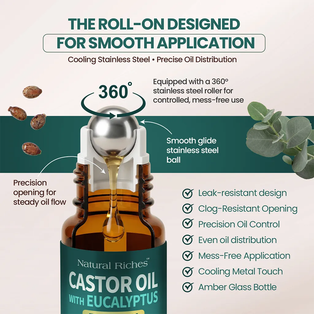 Close-up diagram of the Natural Riches eucalyptus castor oil roll-on, showing its stainless steel rollerball and oil flow.