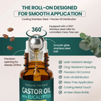 Close-up diagram of the Natural Riches eucalyptus castor oil roll-on, showing its stainless steel rollerball and oil flow.